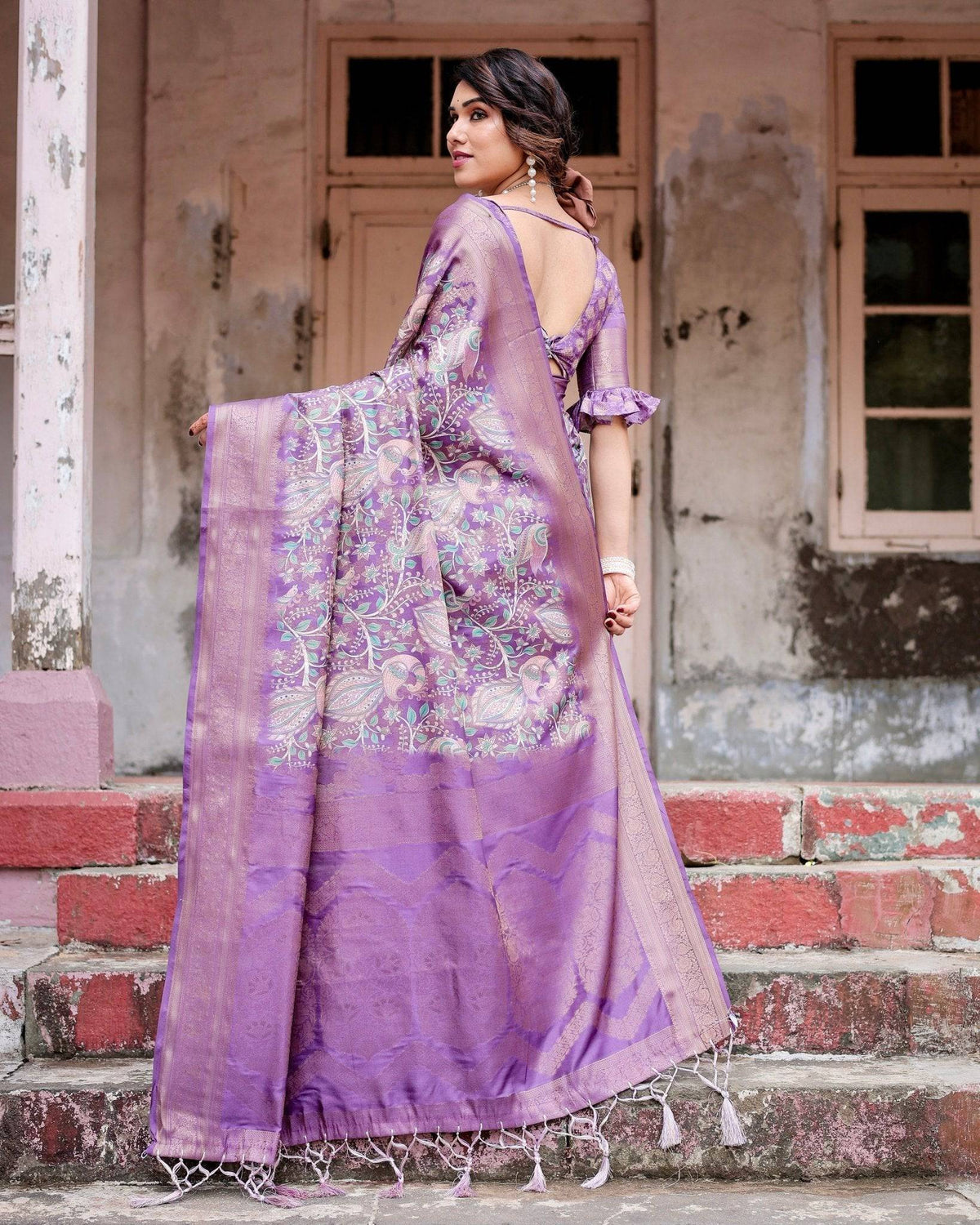 Lavender Banarasi Silk Saree with Intricate Zari Weaving, Tassel