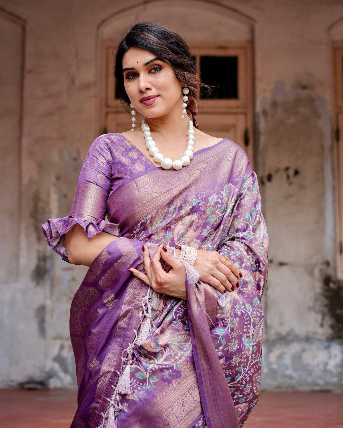 Lavender Banarasi Silk Saree with Intricate Zari Weaving, Tassel