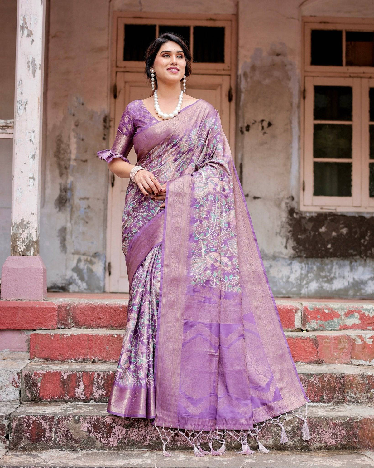 Lavender Banarasi Silk Saree with Intricate Zari Weaving, Tassel