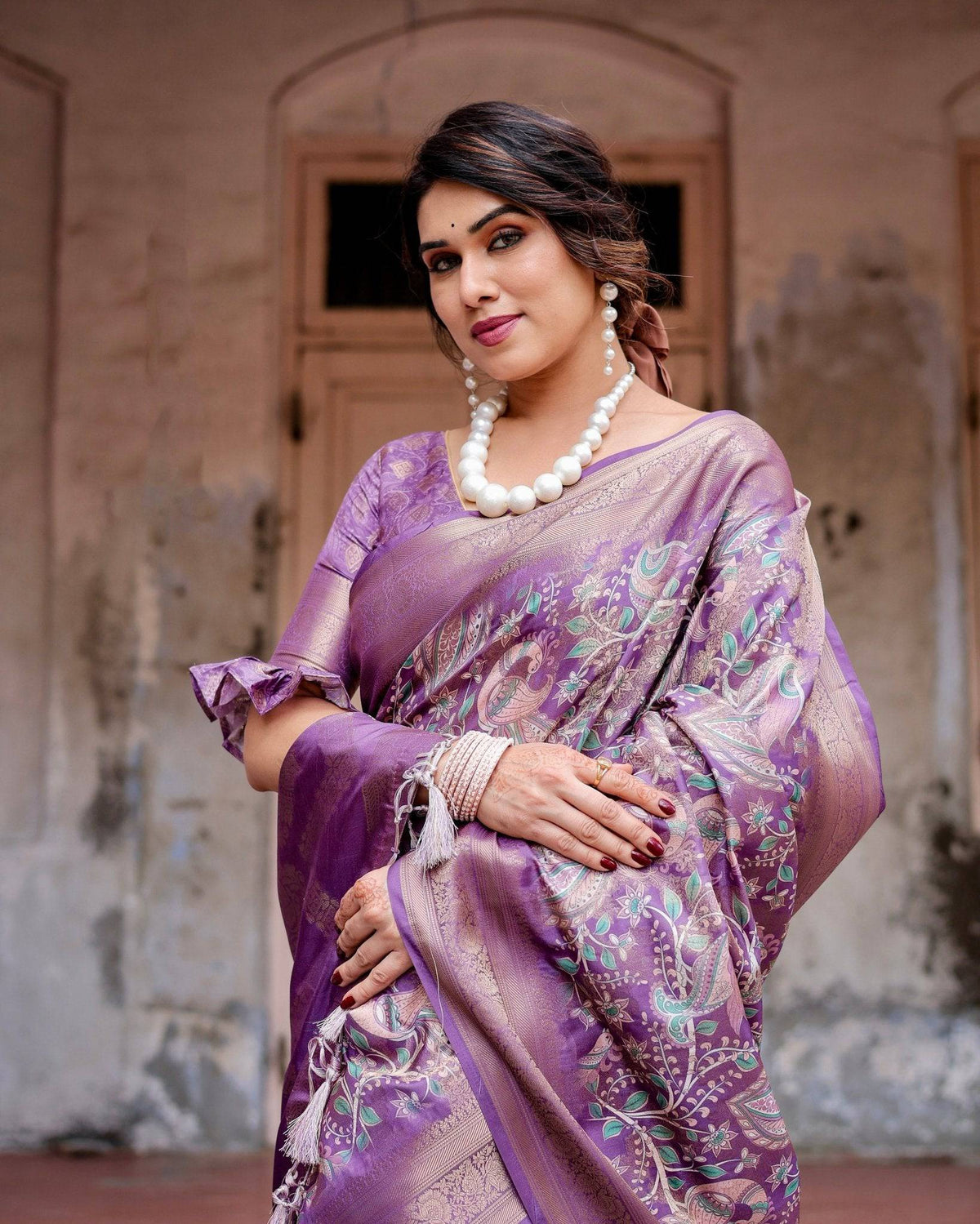 Lavender Banarasi Silk Saree with Intricate Zari Weaving, Tassel