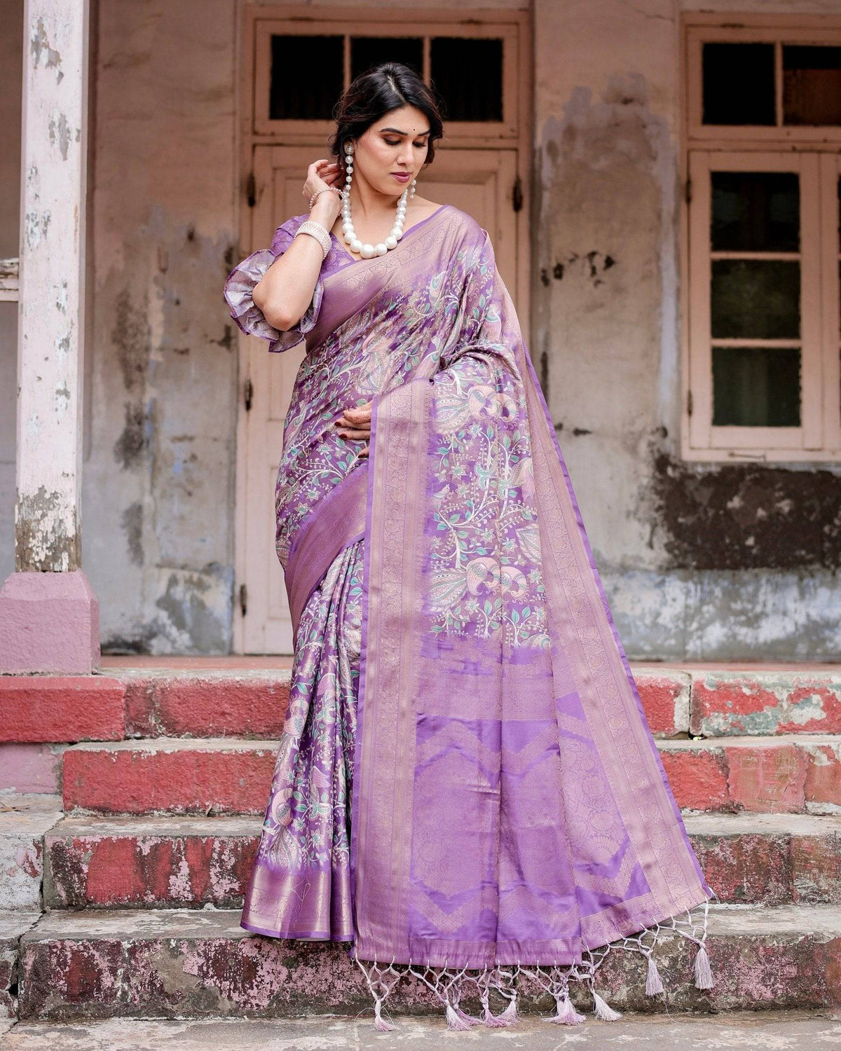 Lavender Banarasi Silk Saree with Intricate Zari Weaving, Tassel
