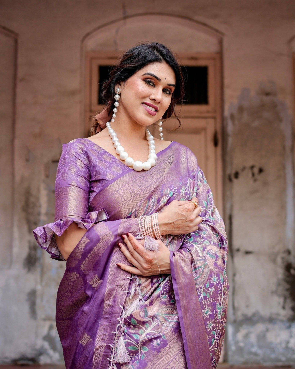 Lavender Banarasi Silk Saree with Intricate Zari Weaving, Tassel