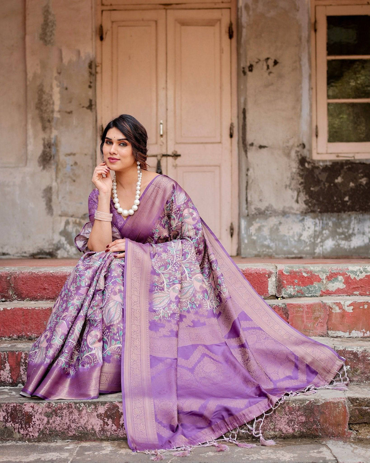 Lavender Banarasi Silk Saree with Intricate Zari Weaving, Tassel