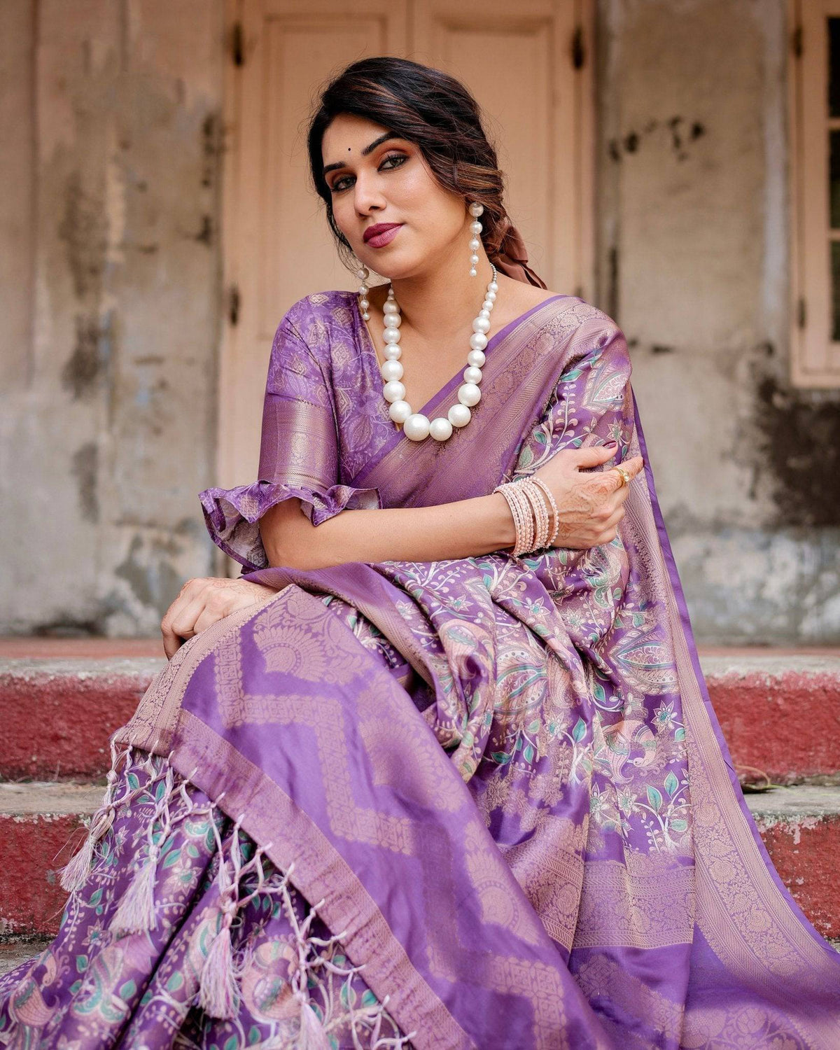 Lavender Banarasi Silk Saree with Intricate Zari Weaving, Tassel