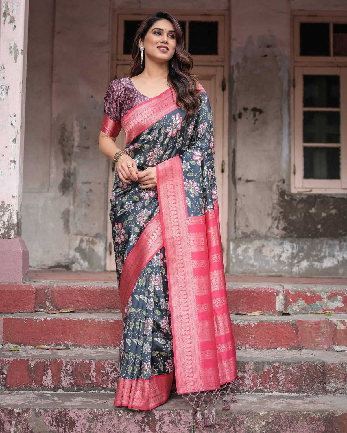 Floral Navy Banarasi Silk Saree with Bright Pink Zari Border and
