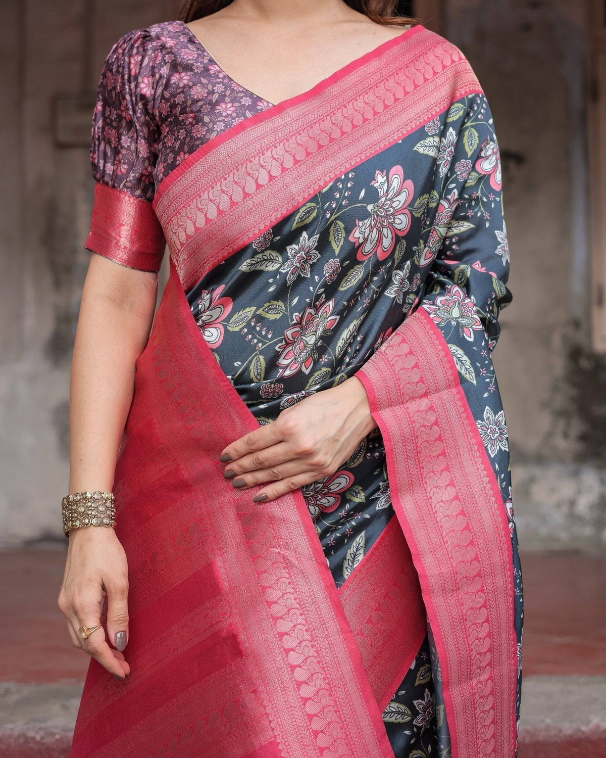 Floral Navy Banarasi Silk Saree with Bright Pink Zari Border and