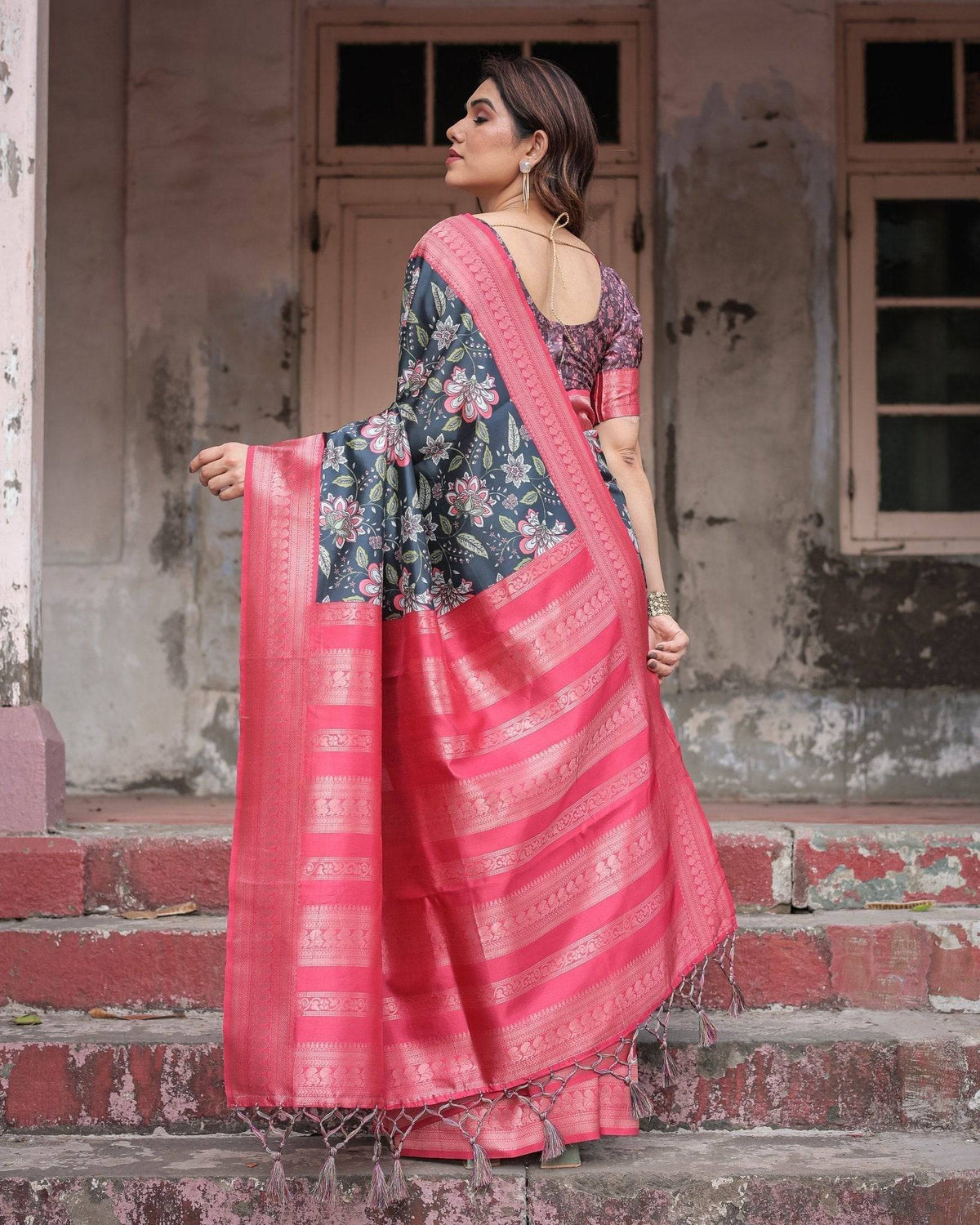 Floral Navy Banarasi Silk Saree with Bright Pink Zari Border and