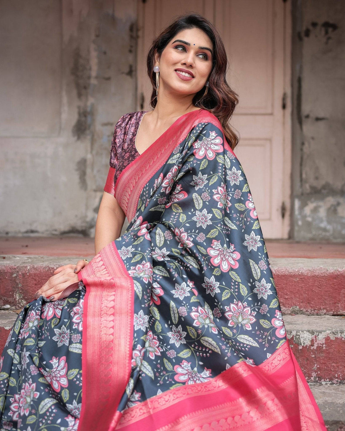 Floral Navy Banarasi Silk Saree with Bright Pink Zari Border and
