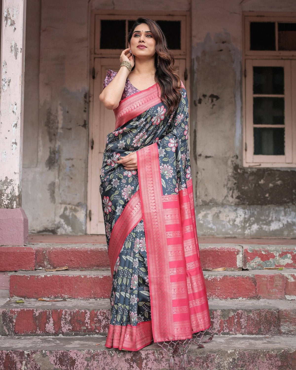 Floral Navy Banarasi Silk Saree with Bright Pink Zari Border and