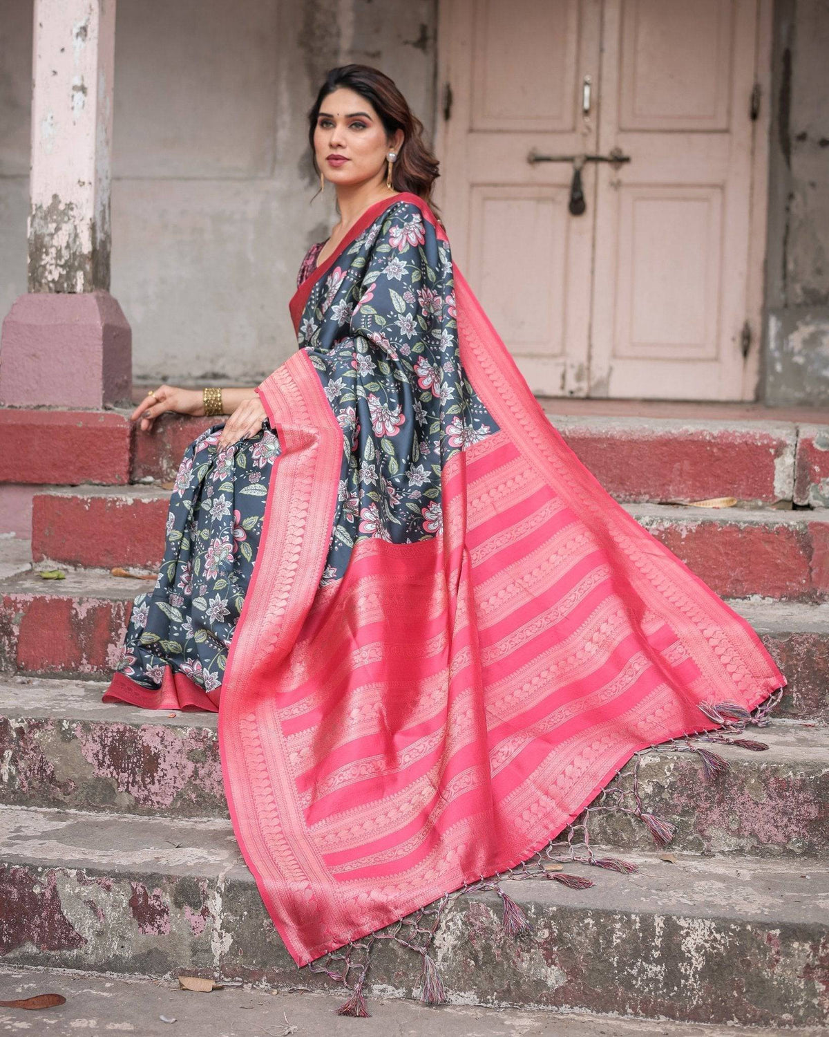 Floral Navy Banarasi Silk Saree with Bright Pink Zari Border and