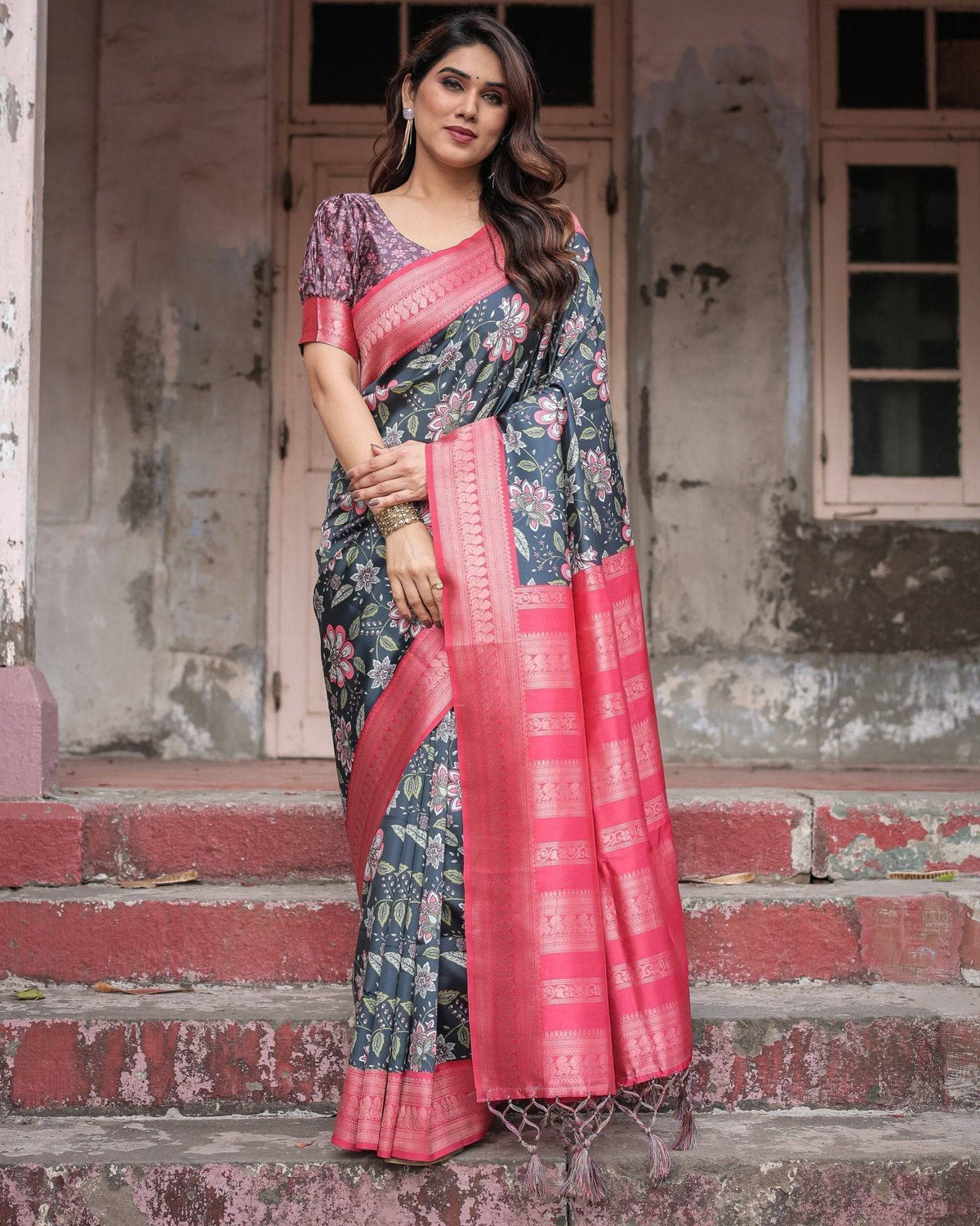 Floral Navy Banarasi Silk Saree with Bright Pink Zari Border and