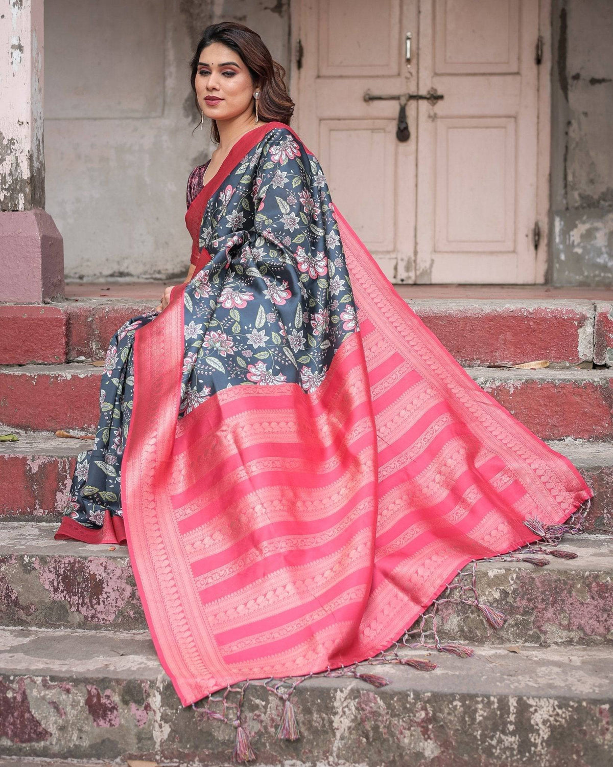 Floral Navy Banarasi Silk Saree with Bright Pink Zari Border and