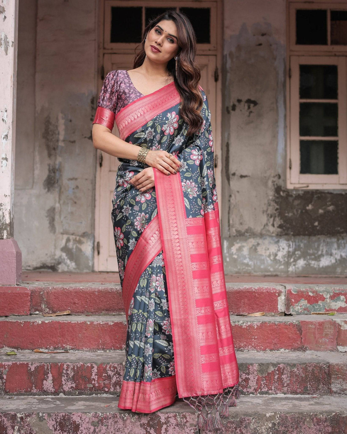 Floral Navy Banarasi Silk Saree with Bright Pink Zari Border and