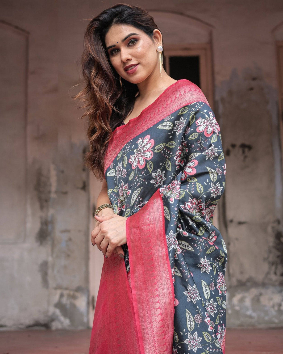 Floral Navy Banarasi Silk Saree with Bright Pink Zari Border and