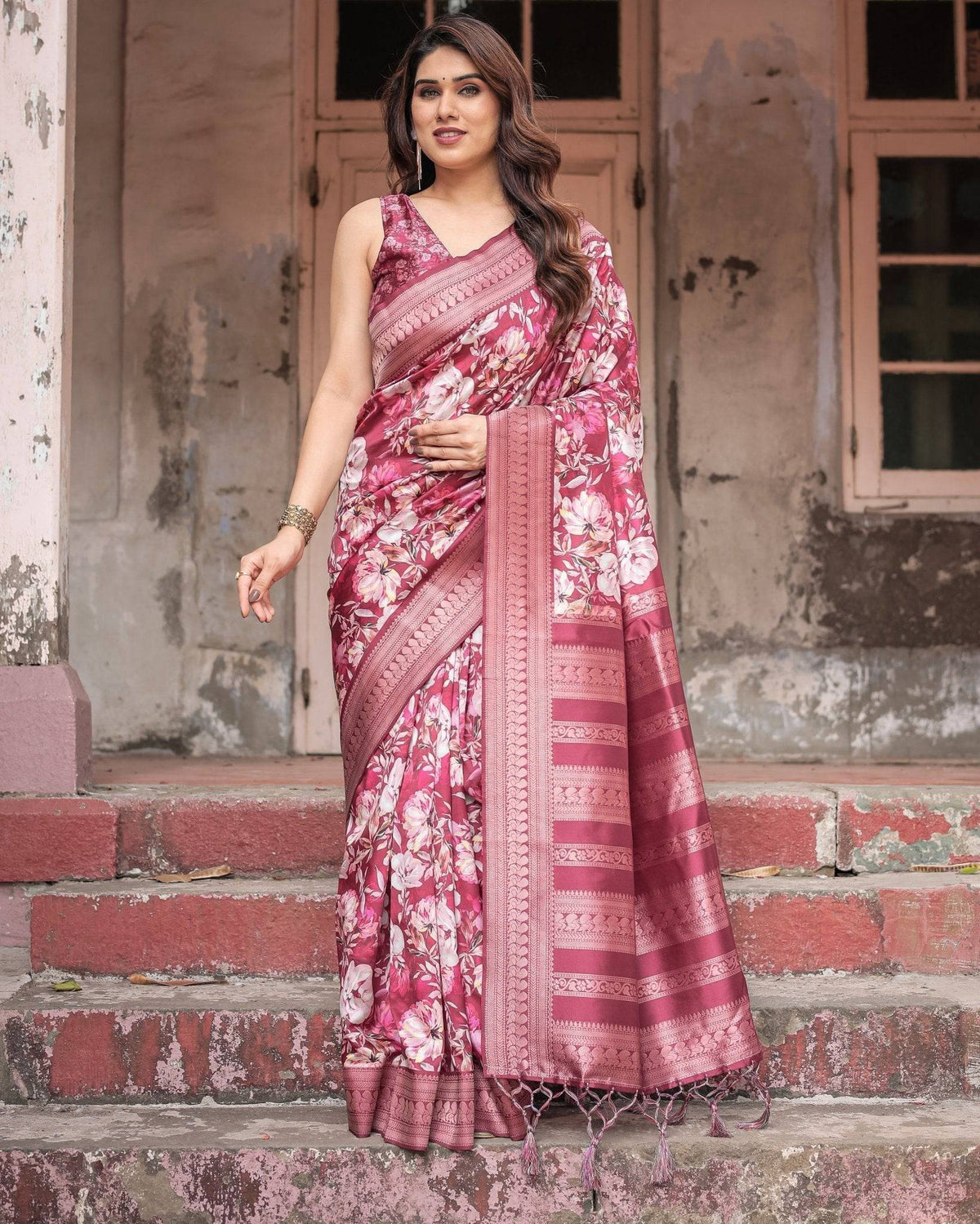 Maroon Banarasi Silk Saree with Bold Floral Digital Print & Rich Zari