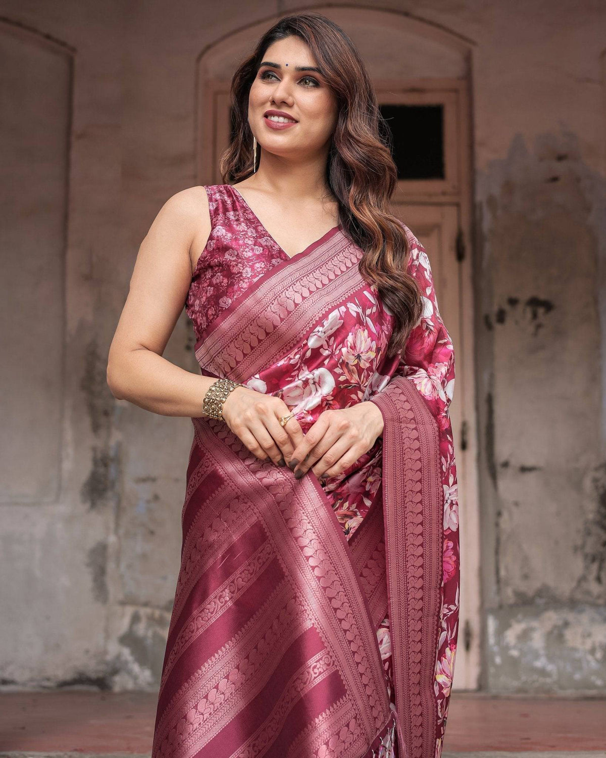 Maroon Banarasi Silk Saree with Bold Floral Digital Print & Rich Zari