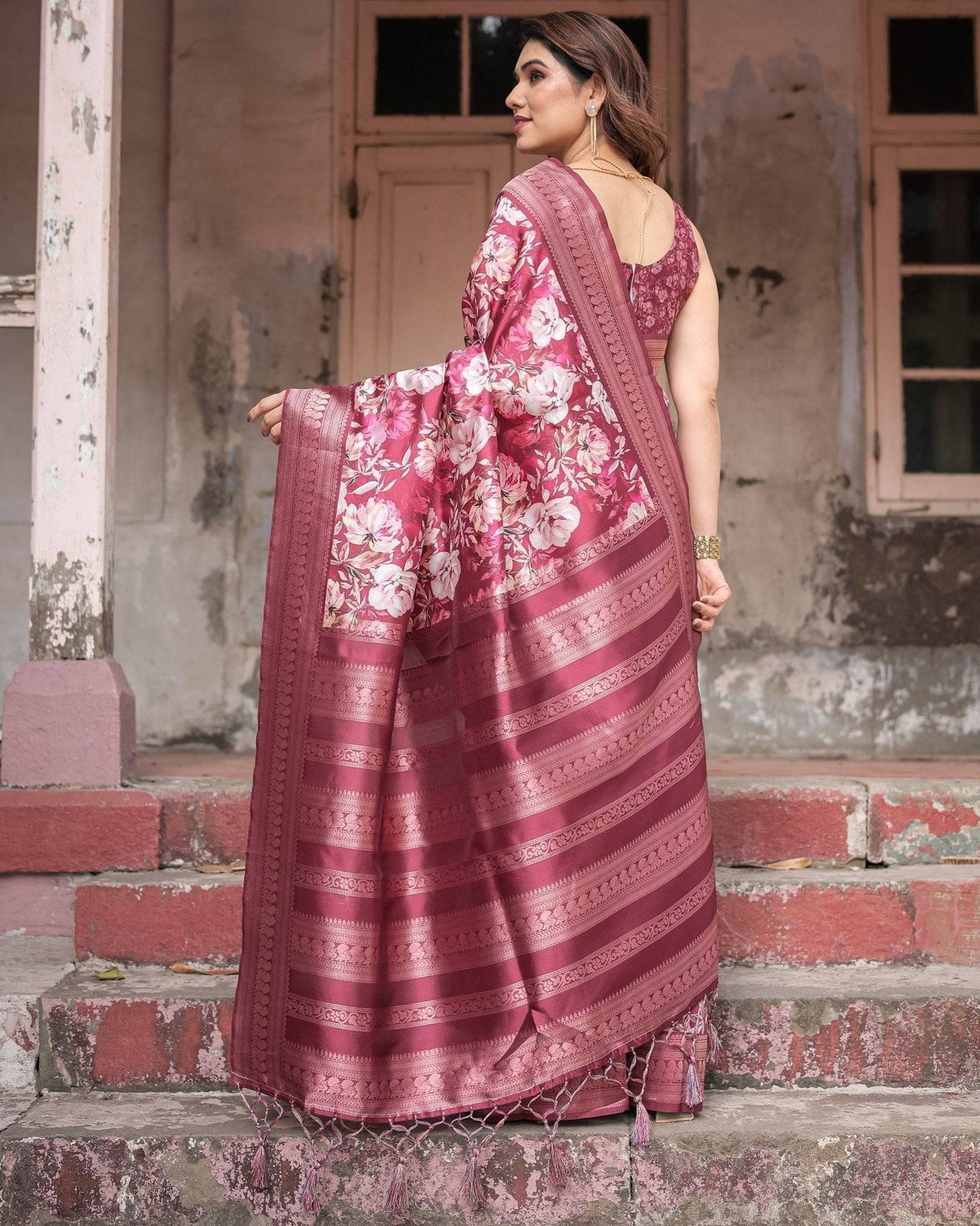 Maroon Banarasi Silk Saree with Bold Floral Digital Print & Rich Zari