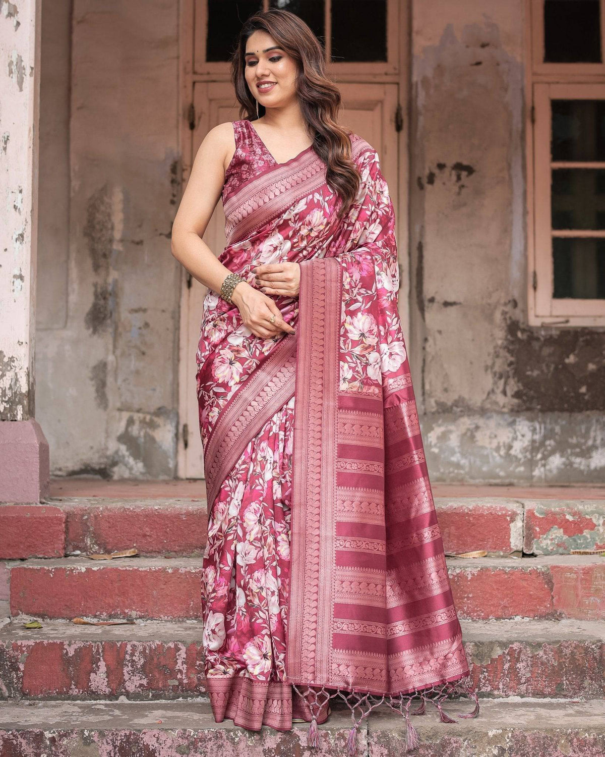Maroon Banarasi Silk Saree with Bold Floral Digital Print & Rich Zari