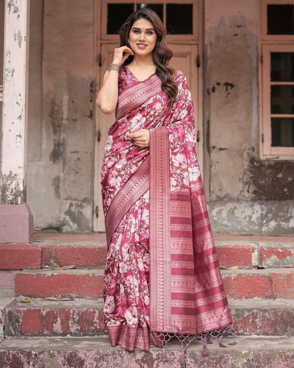 Maroon Banarasi Silk Saree with Bold Floral Digital Print & Rich Zari