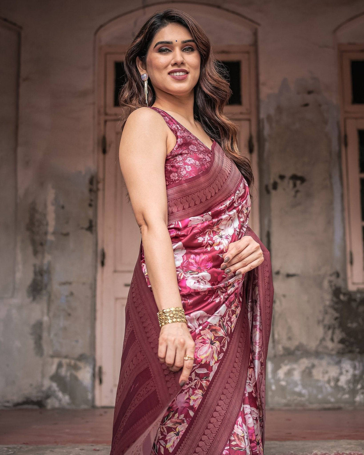 Maroon Banarasi Silk Saree with Bold Floral Digital Print & Rich Zari