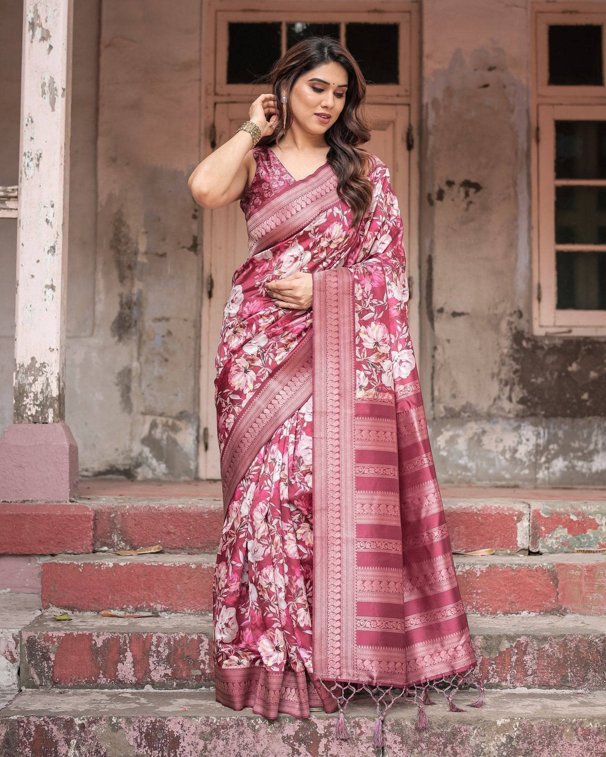 Maroon Banarasi Silk Saree with Bold Floral Digital Print & Rich Zari