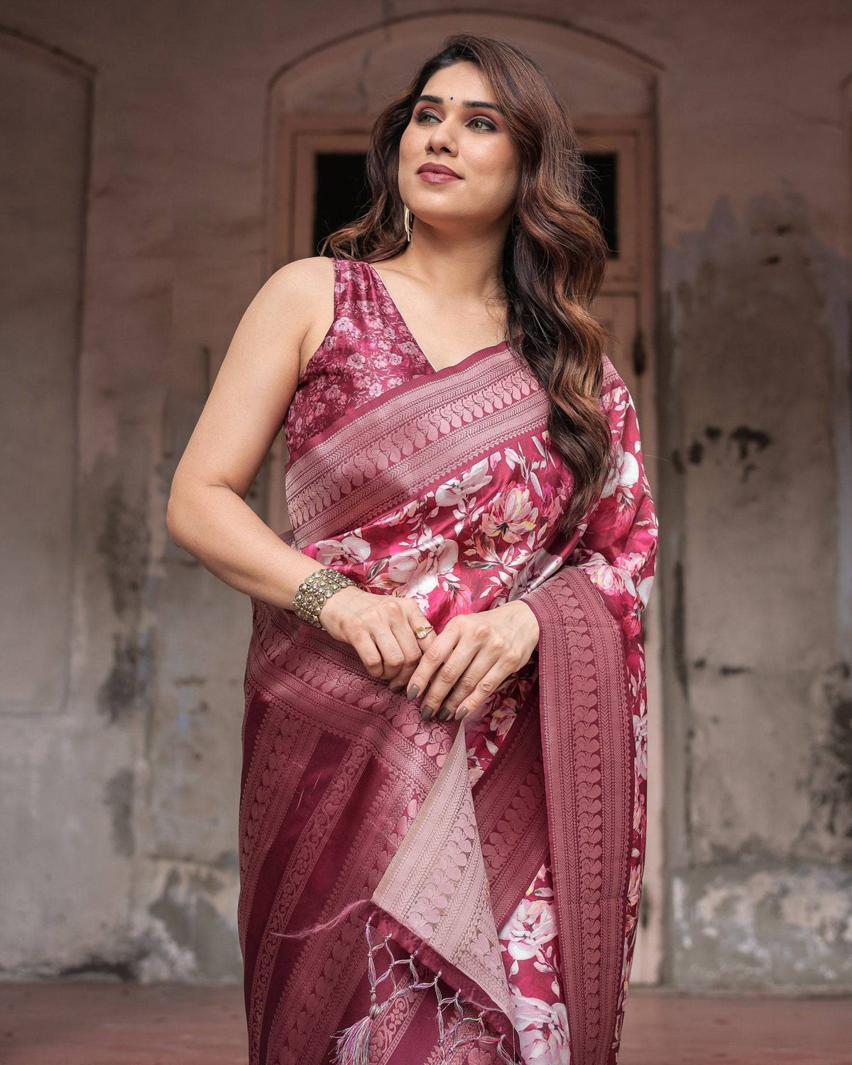 Maroon Banarasi Silk Saree with Bold Floral Digital Print & Rich Zari
