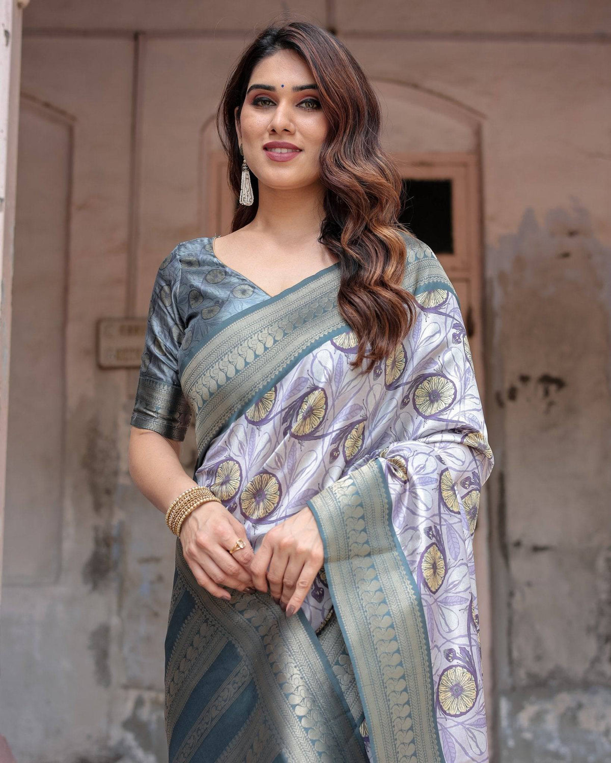 Sophisticated Lilac Banarasi Silk Saree with Floral Prints and Zari