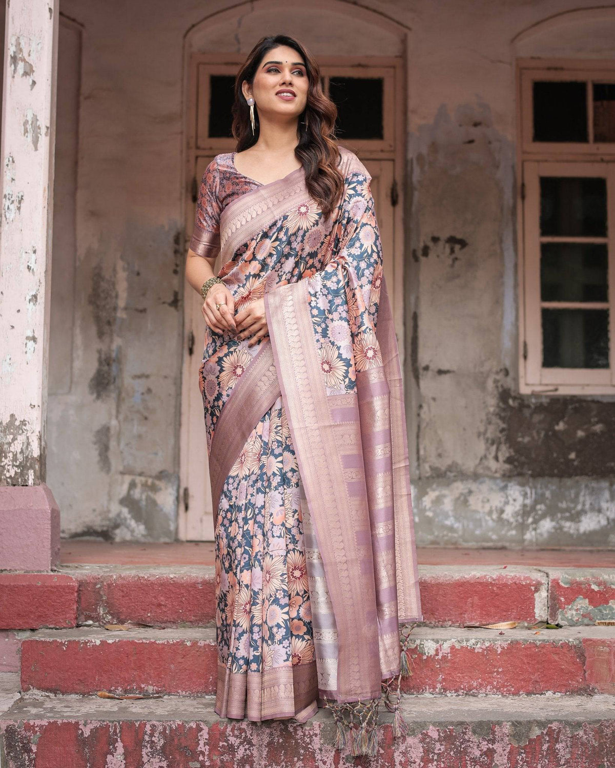 Lavender Banarasi Silk Saree with Pastel Floral Digital Print & Zari