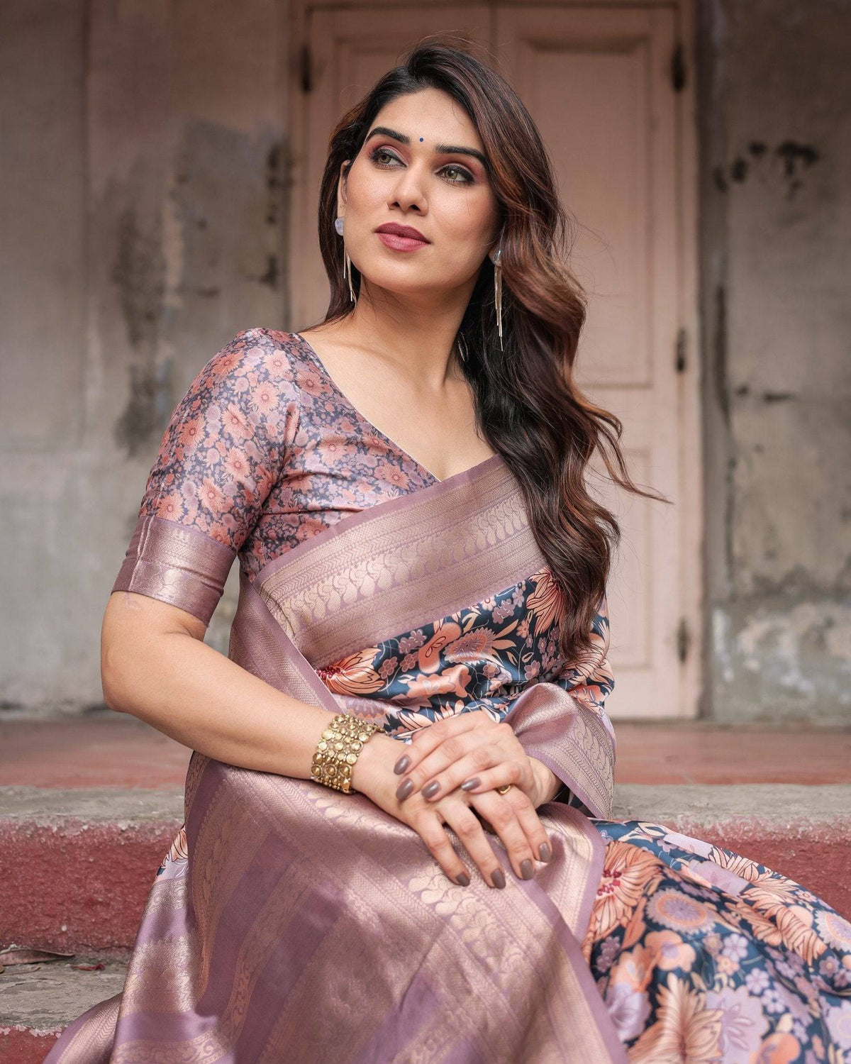 Lavender Banarasi Silk Saree with Pastel Floral Digital Print & Zari