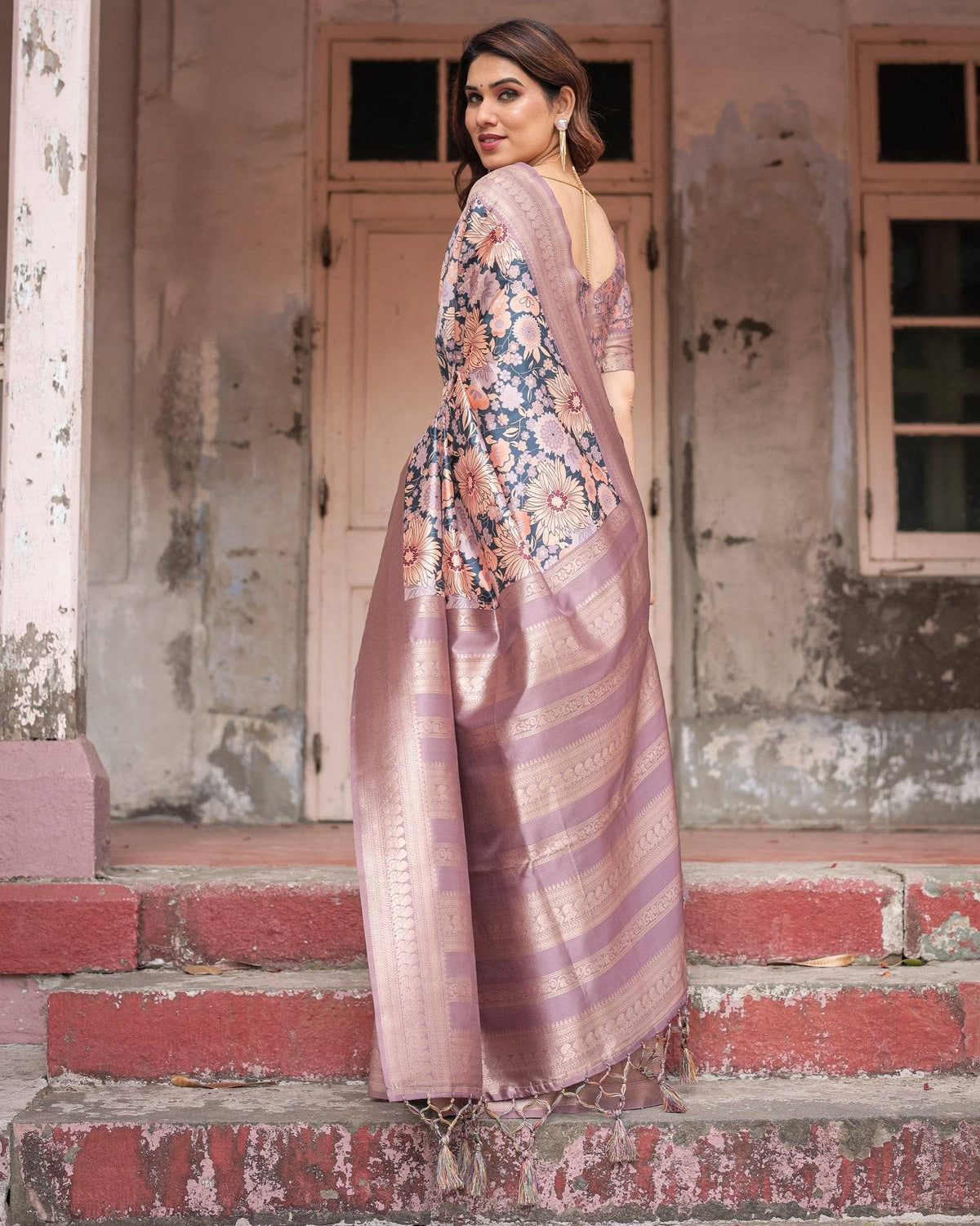 Lavender Banarasi Silk Saree with Pastel Floral Digital Print & Zari