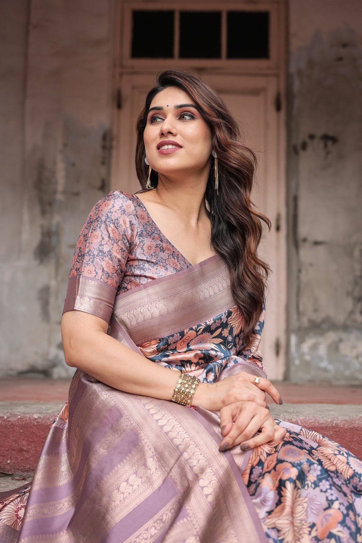 Lavender Banarasi Silk Saree with Pastel Floral Digital Print & Zari