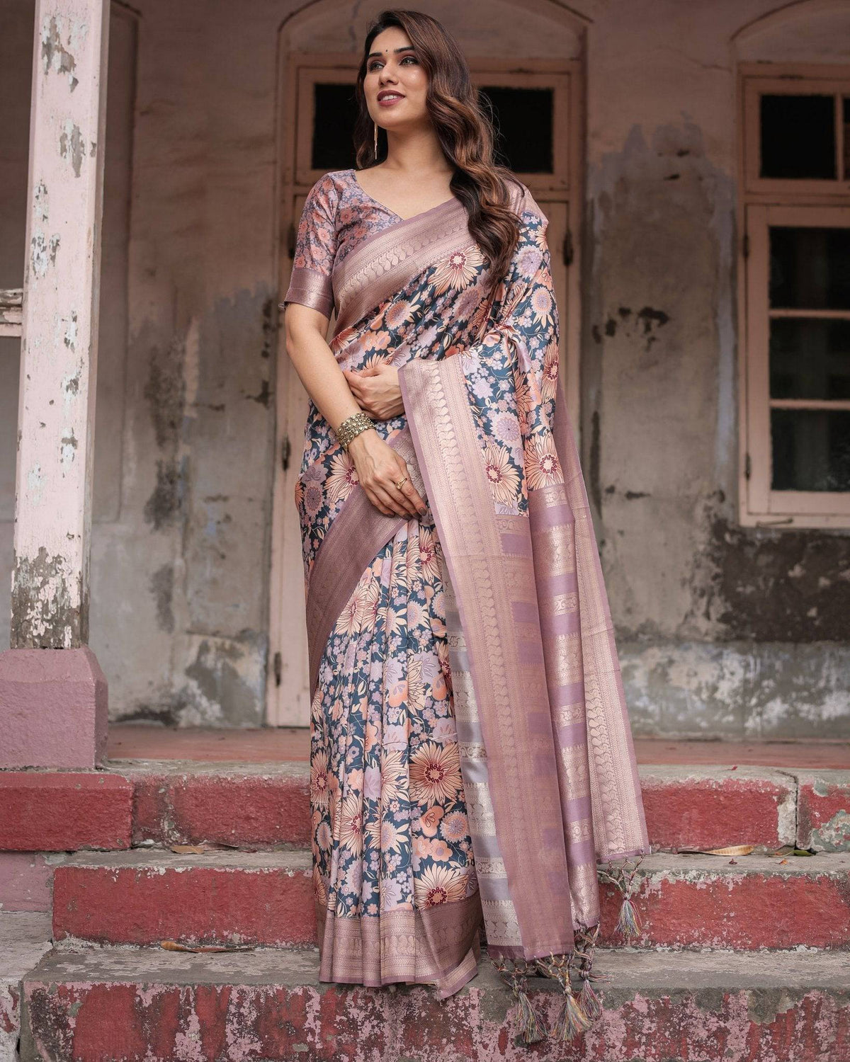 Lavender Banarasi Silk Saree with Pastel Floral Digital Print & Zari