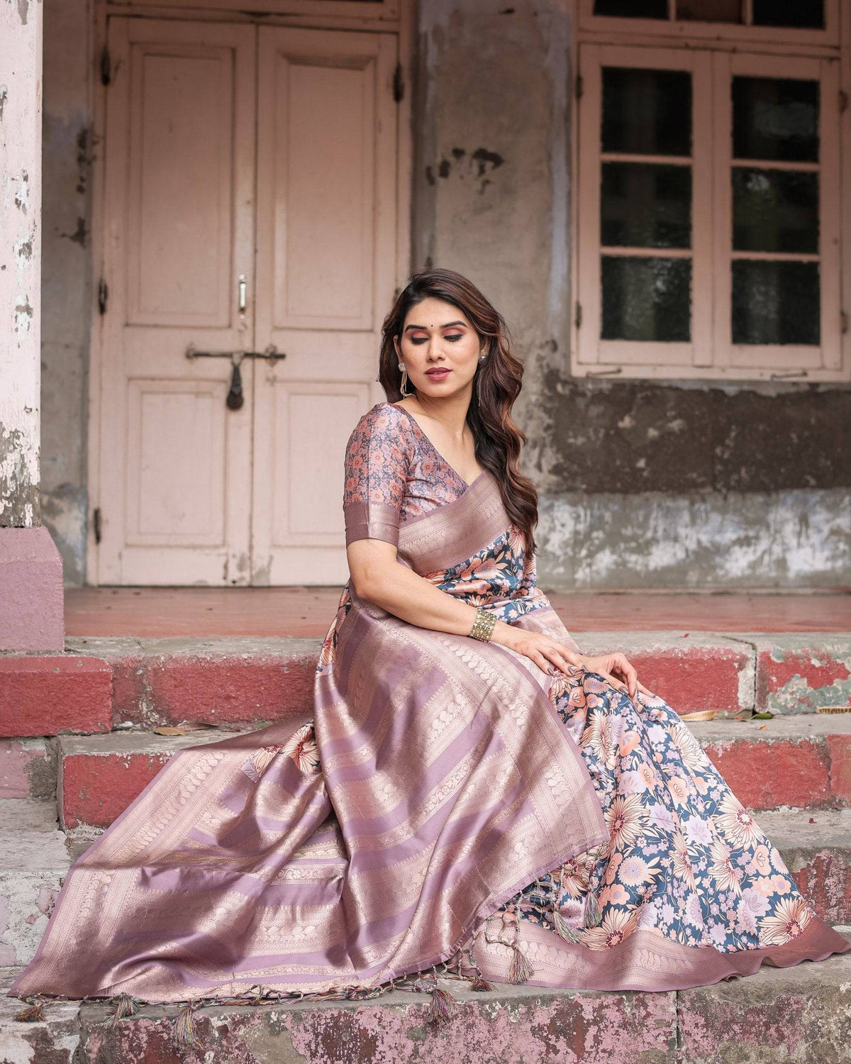 Lavender Banarasi Silk Saree with Pastel Floral Digital Print & Zari