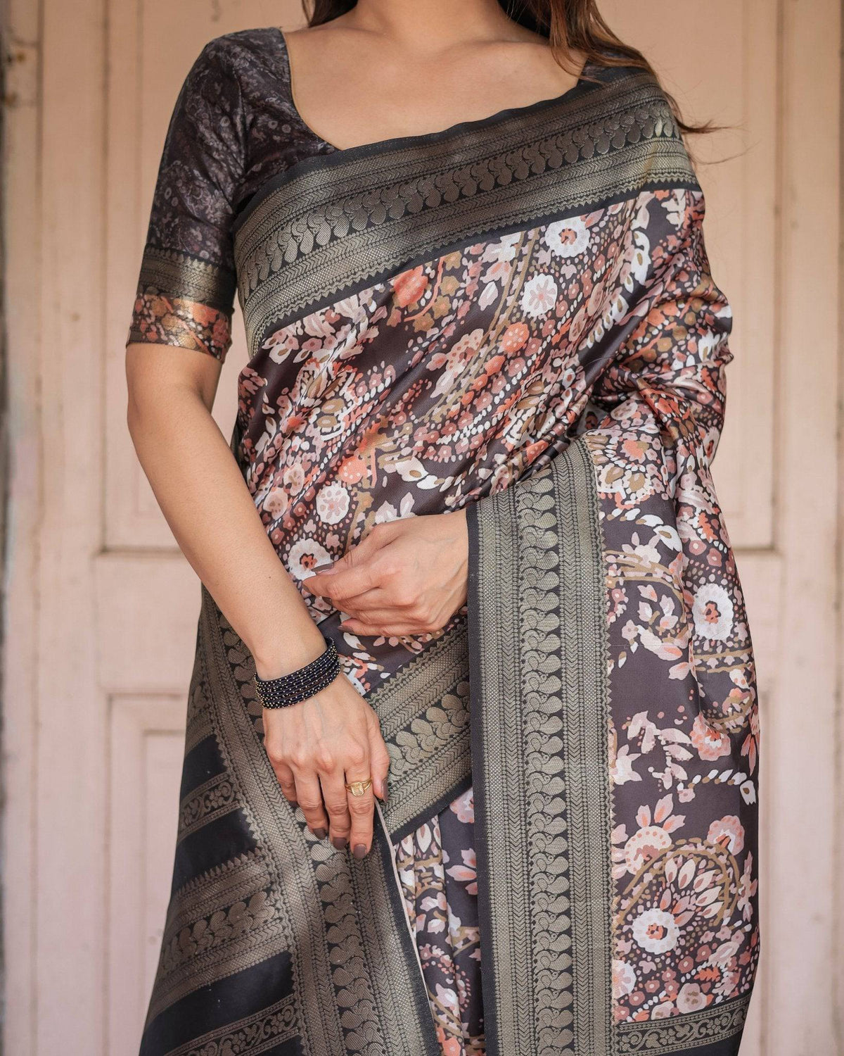 Elegant Black and Peach Banarasi Silk Saree with Zari Border and
