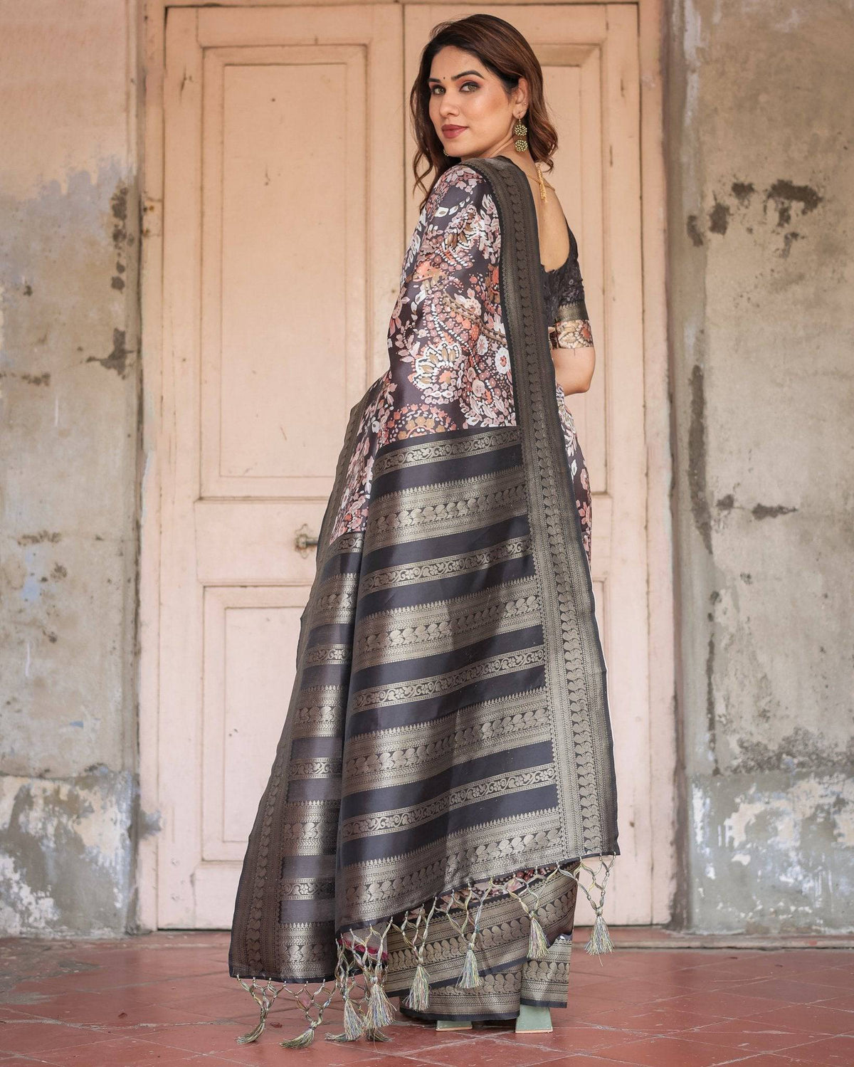 Elegant Black and Peach Banarasi Silk Saree with Zari Border and