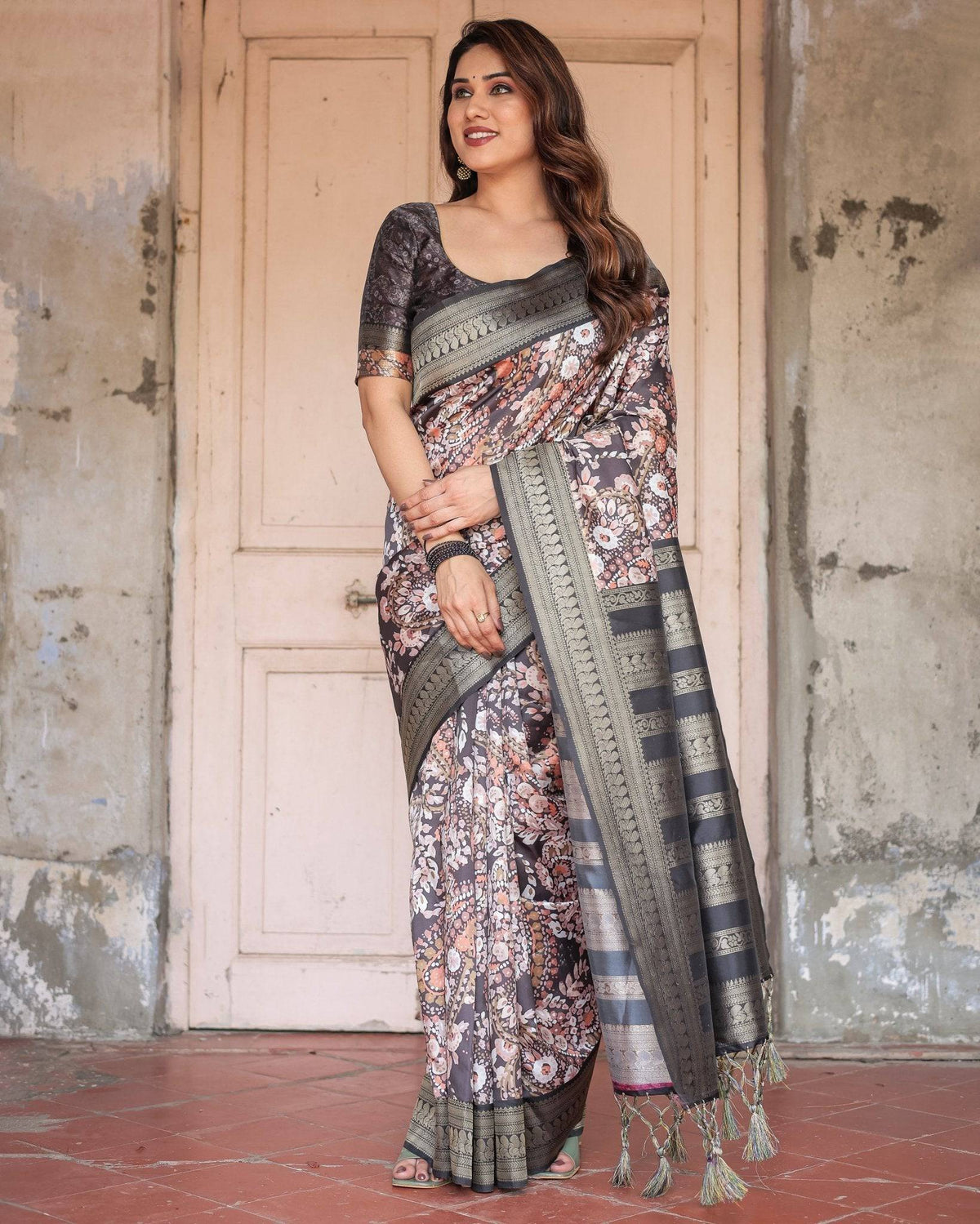 Elegant Black and Peach Banarasi Silk Saree with Zari Border and