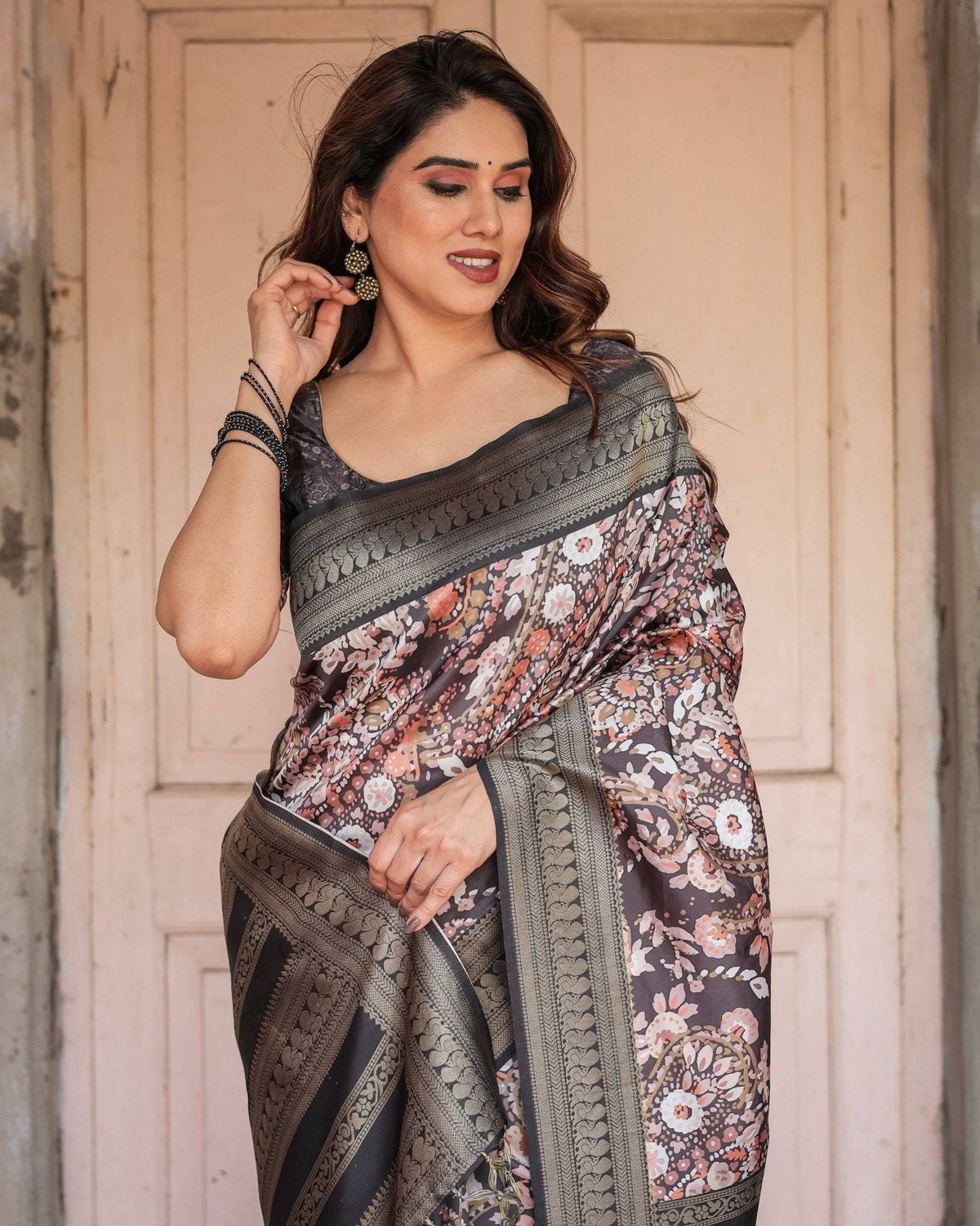 Elegant Black and Peach Banarasi Silk Saree with Zari Border and