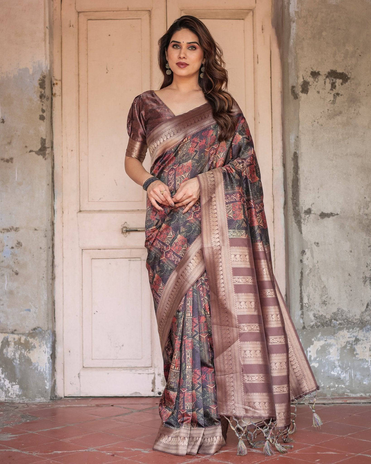 Rich Chocolate Banarasi Silk Saree with Geometric Print and Zari