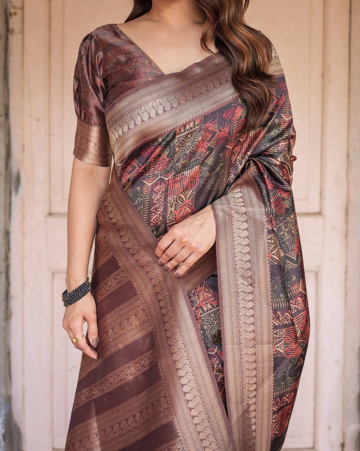 Rich Chocolate Banarasi Silk Saree with Geometric Print and Zari