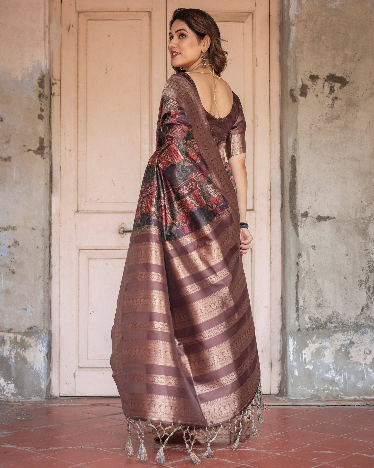 Rich Chocolate Banarasi Silk Saree with Geometric Print and Zari