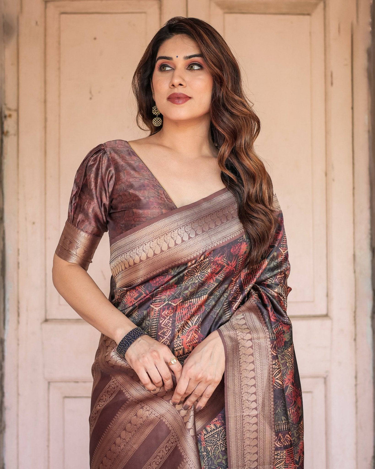 Rich Chocolate Banarasi Silk Saree with Geometric Print and Zari