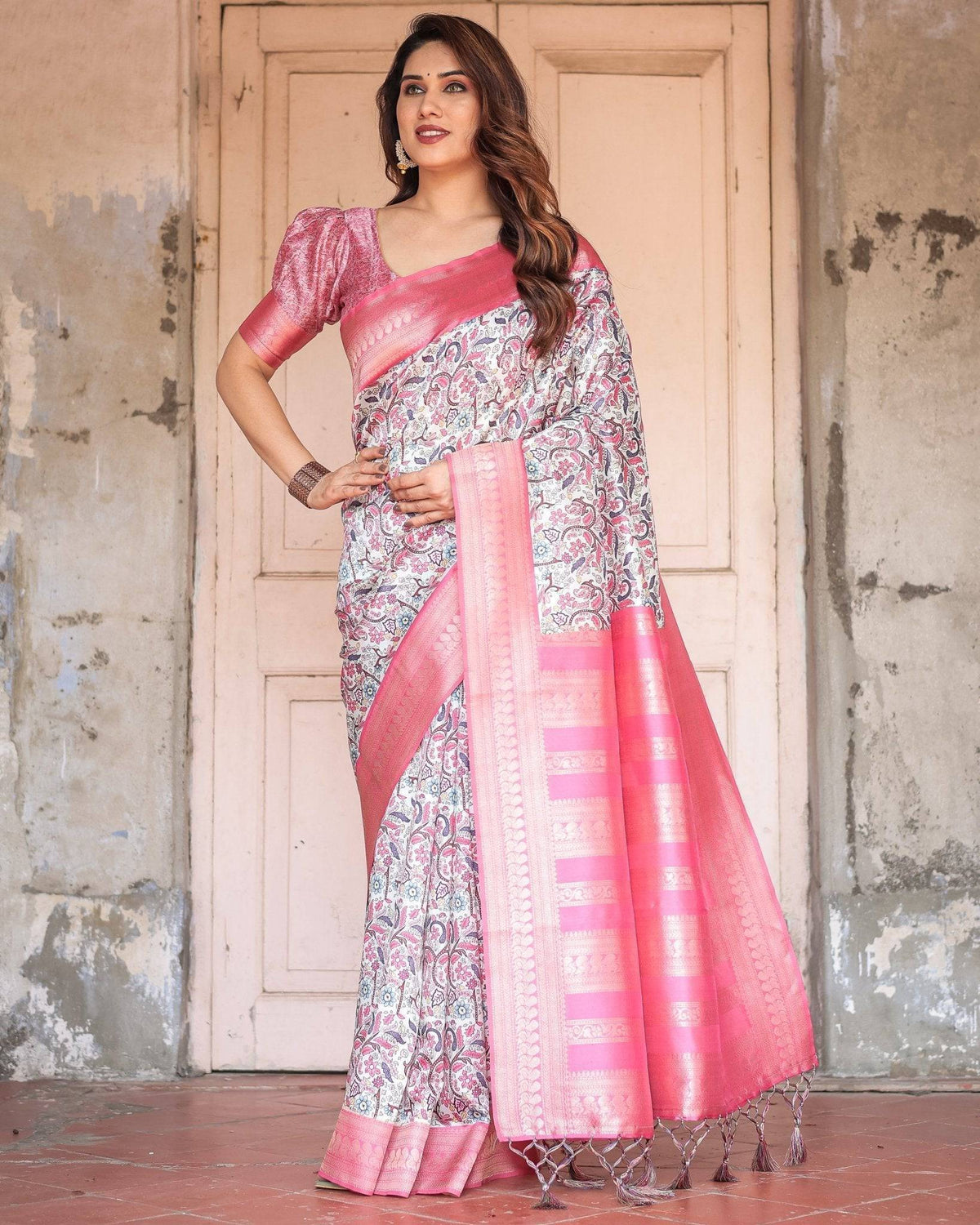 Pink Banarasi Silk Saree with Vibrant Floral Digital Print & Elegant