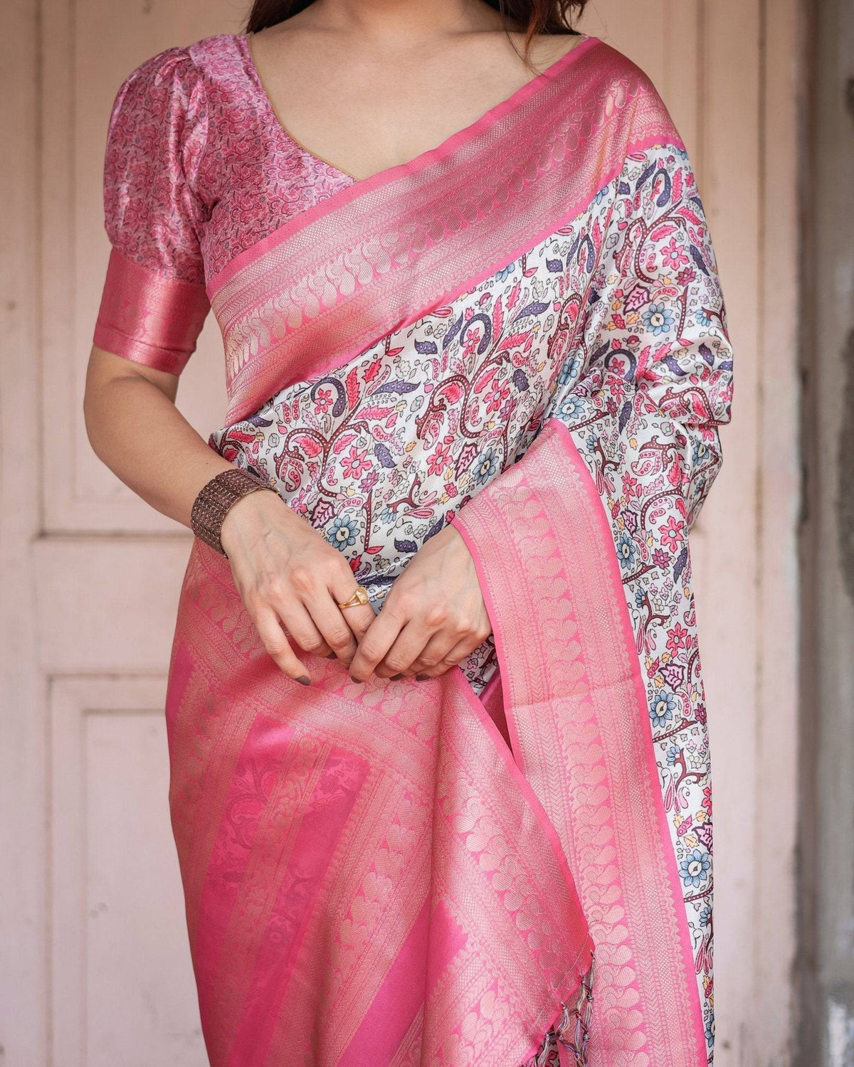 Pink Banarasi Silk Saree with Vibrant Floral Digital Print & Elegant