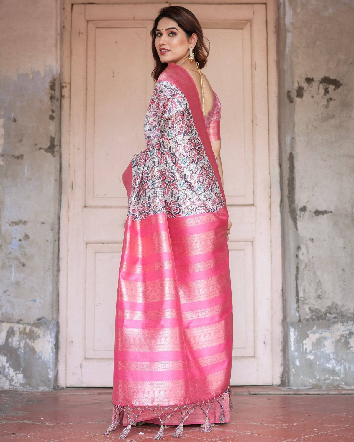 Pink Banarasi Silk Saree with Vibrant Floral Digital Print & Elegant
