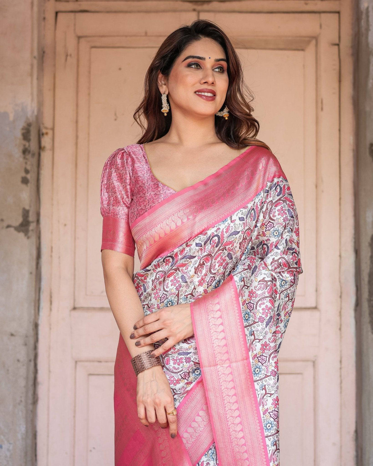 Pink Banarasi Silk Saree with Vibrant Floral Digital Print & Elegant