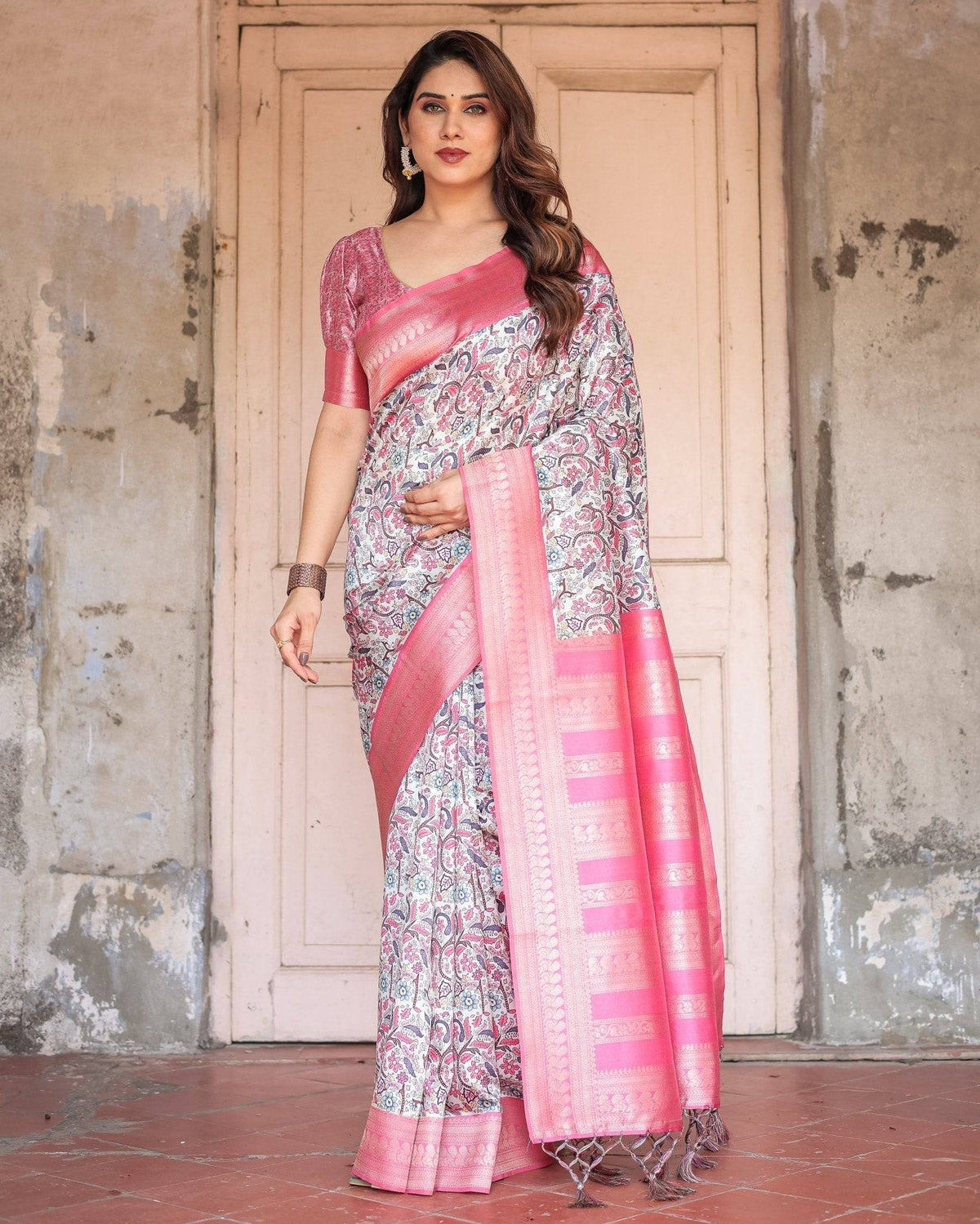 Pink Banarasi Silk Saree with Vibrant Floral Digital Print & Elegant
