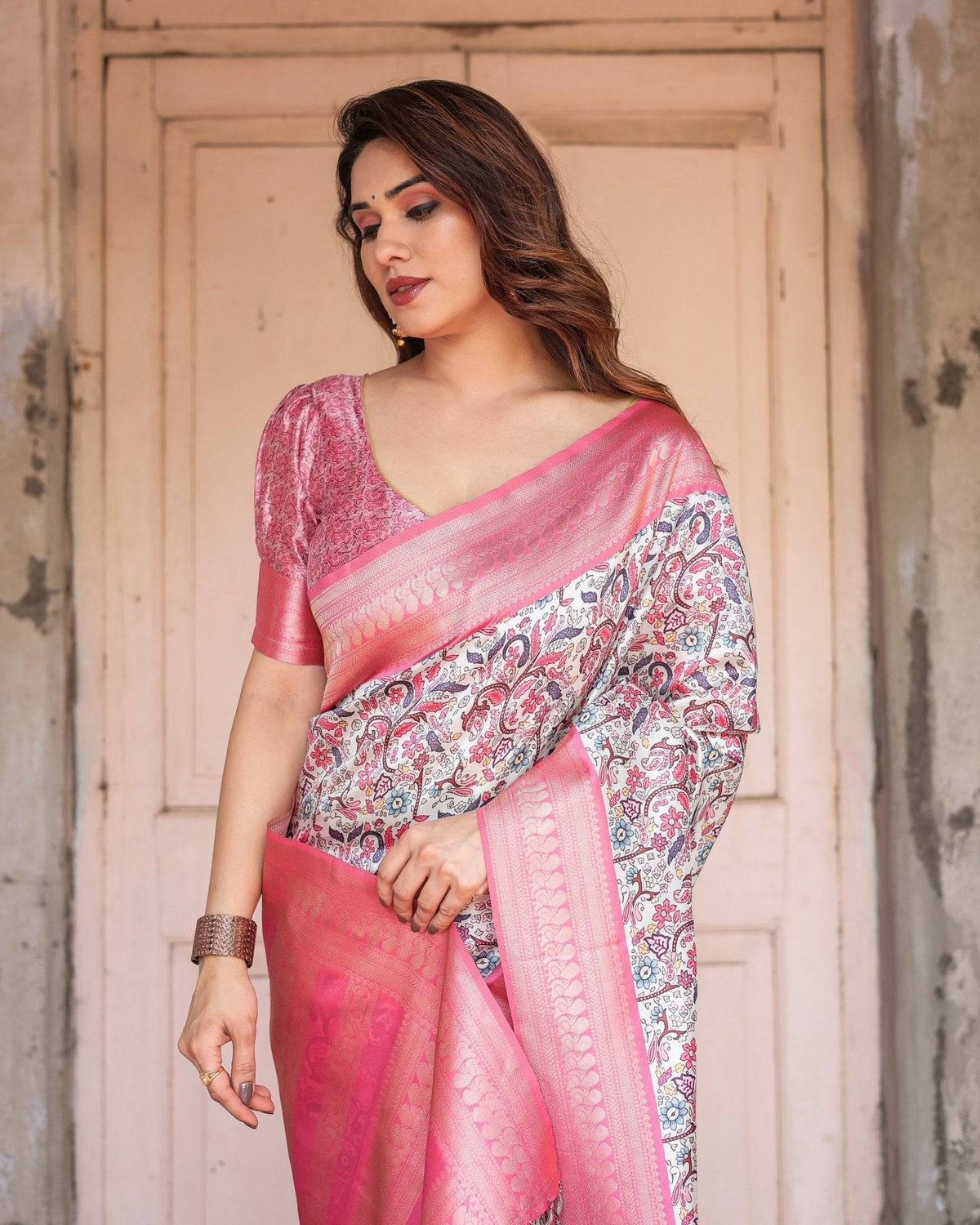 Pink Banarasi Silk Saree with Vibrant Floral Digital Print & Elegant