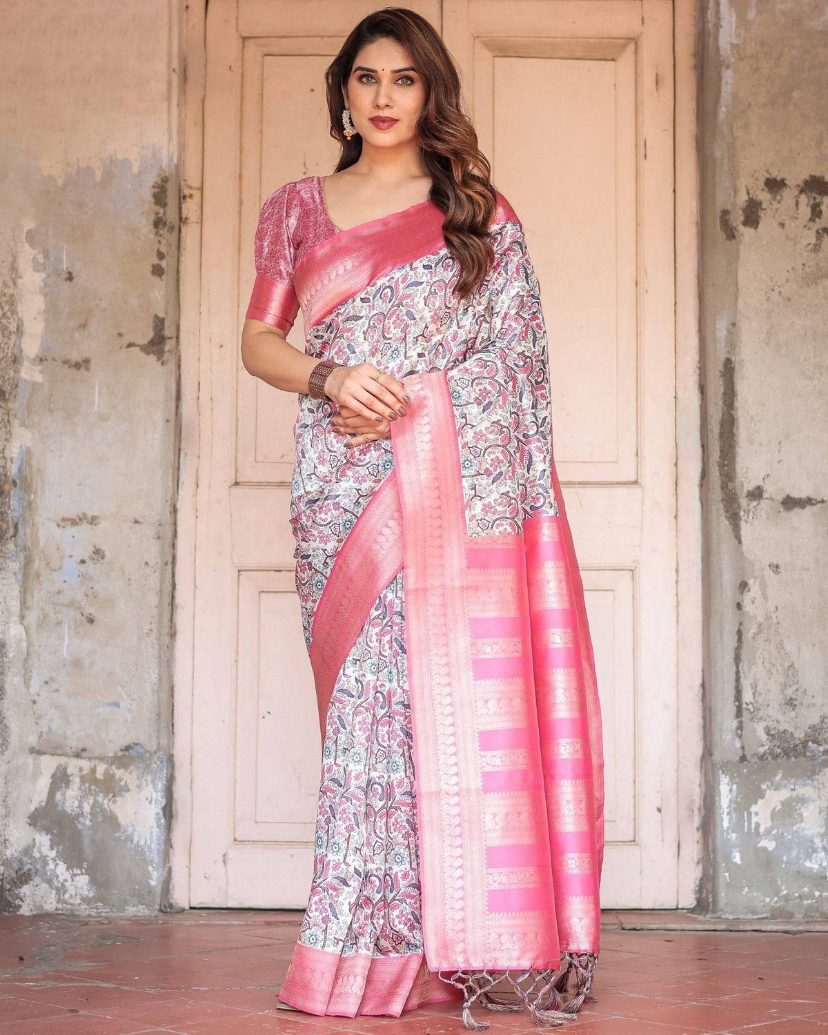 Pink Banarasi Silk Saree with Vibrant Floral Digital Print & Elegant