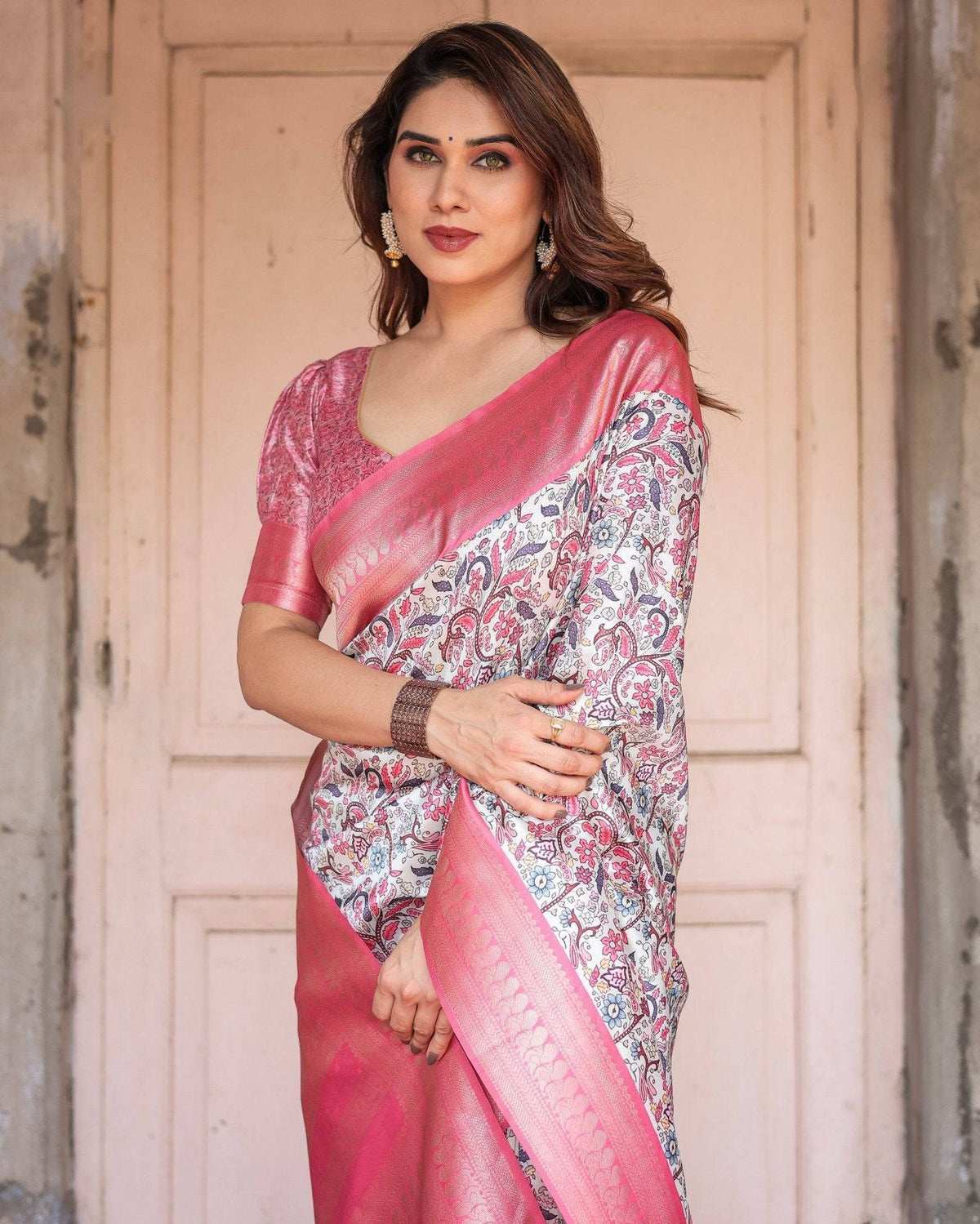 Pink Banarasi Silk Saree with Vibrant Floral Digital Print & Elegant