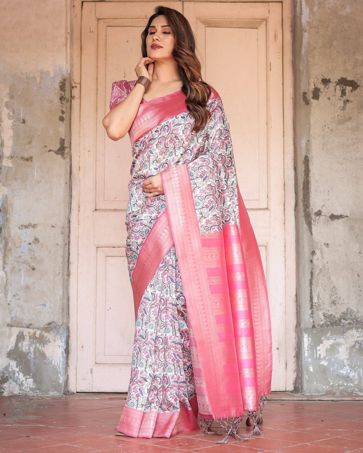 Pink Banarasi Silk Saree with Vibrant Floral Digital Print & Elegant